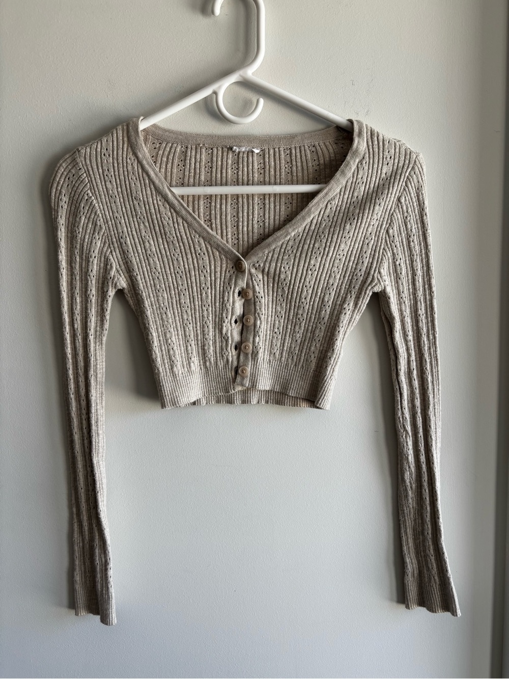 Cropped Beige Ribbed V-Neck Button-Front Sweater